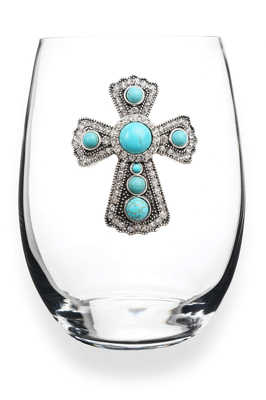 Turquoise Cross Jeweled Stemless Wine Glass, 21 oz. - Unique Gift for Women, Birthday, Cute, Fun, Not Painted, Decorated, Bling, Bedazzled, Rhinestone