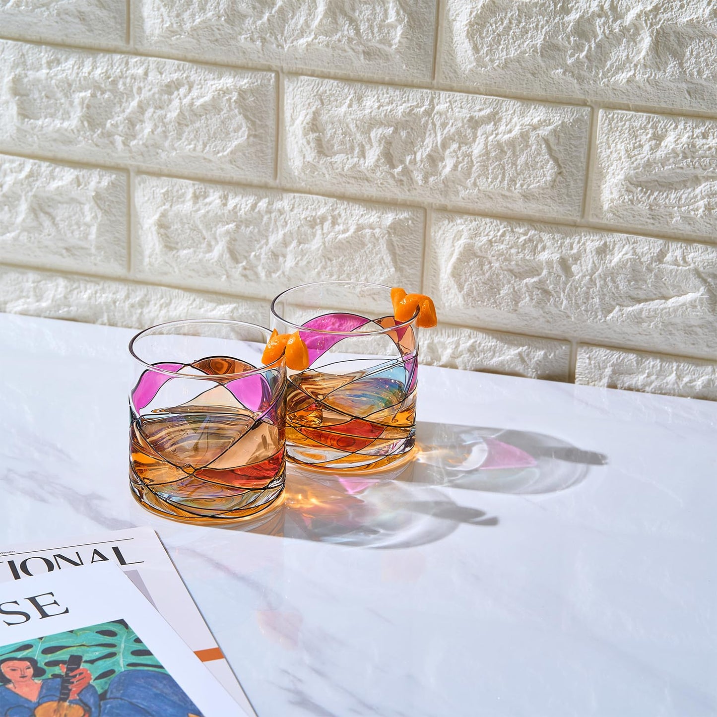 Artisanal Hand Painted Whiskey & Water Tumbler Glasses - Weddings , Gift for Her, Wife , Mom, Friends, Girlfriend, Renaissance Romantic Stain-glassed Windows, 2 Set - Gifts Idea Birthday, Housewarming