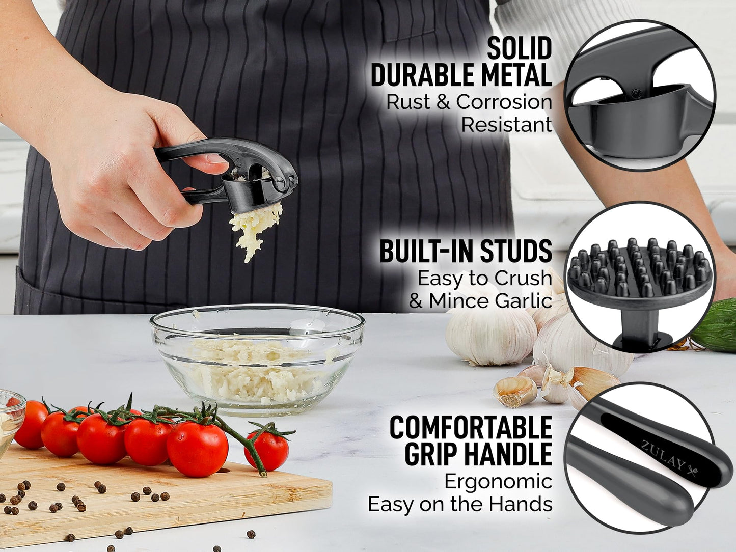 Zulay Kitchen Premium Garlic Press Set - Rust Proof and Dishwasher Safe Professional Garlic Mincer Tool - Easy-Squeeze, Easy-Clean with Soft, Ergonomic Handle - Silicone Garlic Peeler and  Brush-Dark Gray