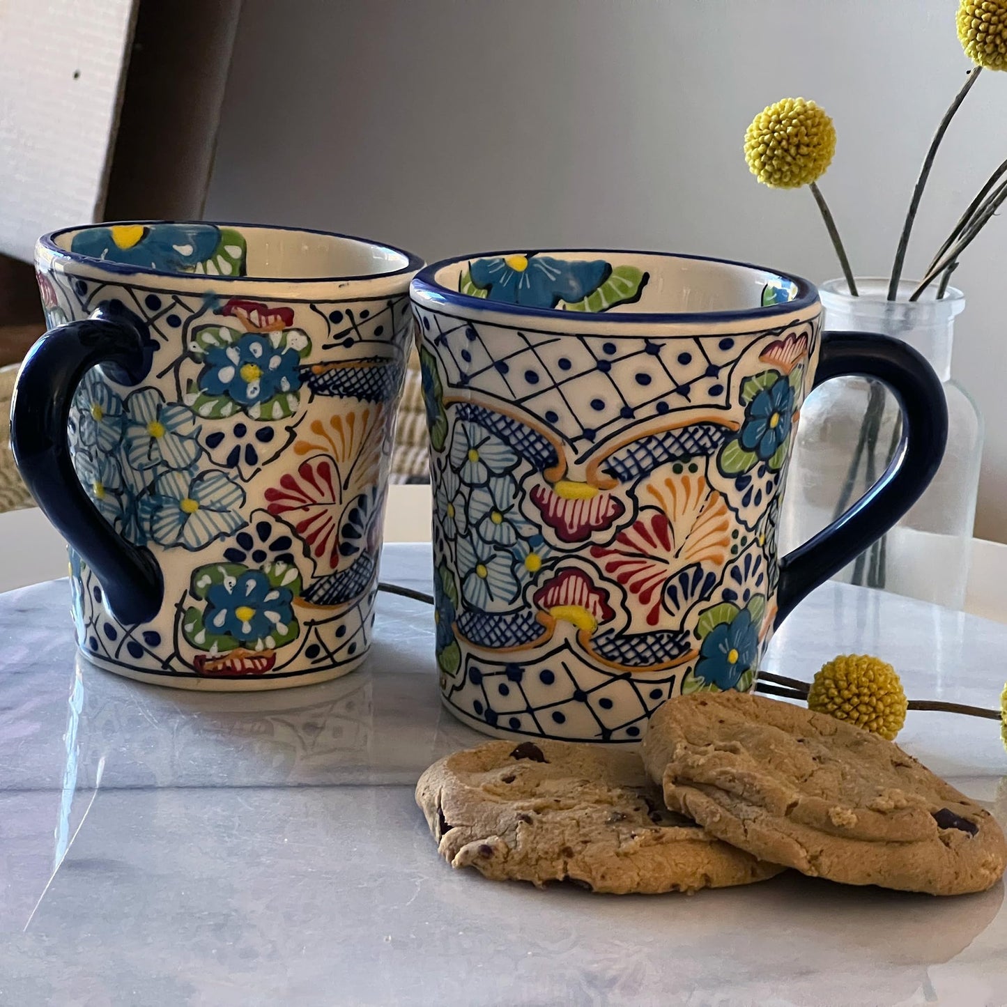 Global Crafts Encantada Handmade Hand-Painted Authentic Mexican Pottery Mugs (Multi Blue Green)