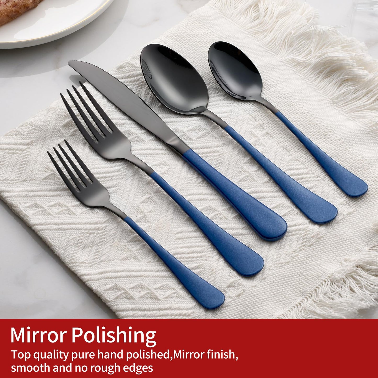 Black and Blue 20-Piece Silverware Set 18/0 Stainless Steel Flatware Sapphire Blue Handle Cutlery Set Service for 4 Dinner Knives Forks Spoons Set Mirror Finish Dishwasher Safe