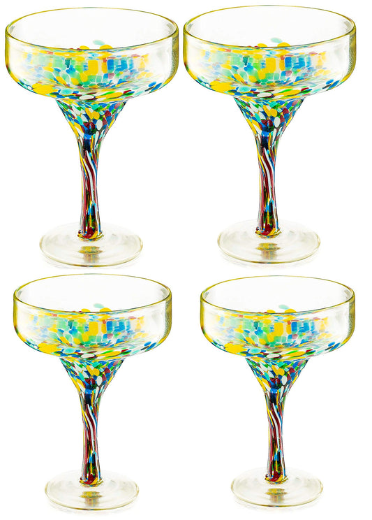 Margarita Glasses – Set of 4 - Luxury Hand Blown Confetti Margaritas, Cocktails, Water, Wine, Dessert, Martini & Champagne Cinco de Mayo, Hand Blown - Mexican Confetti Design Glass, Party, Home & Bar