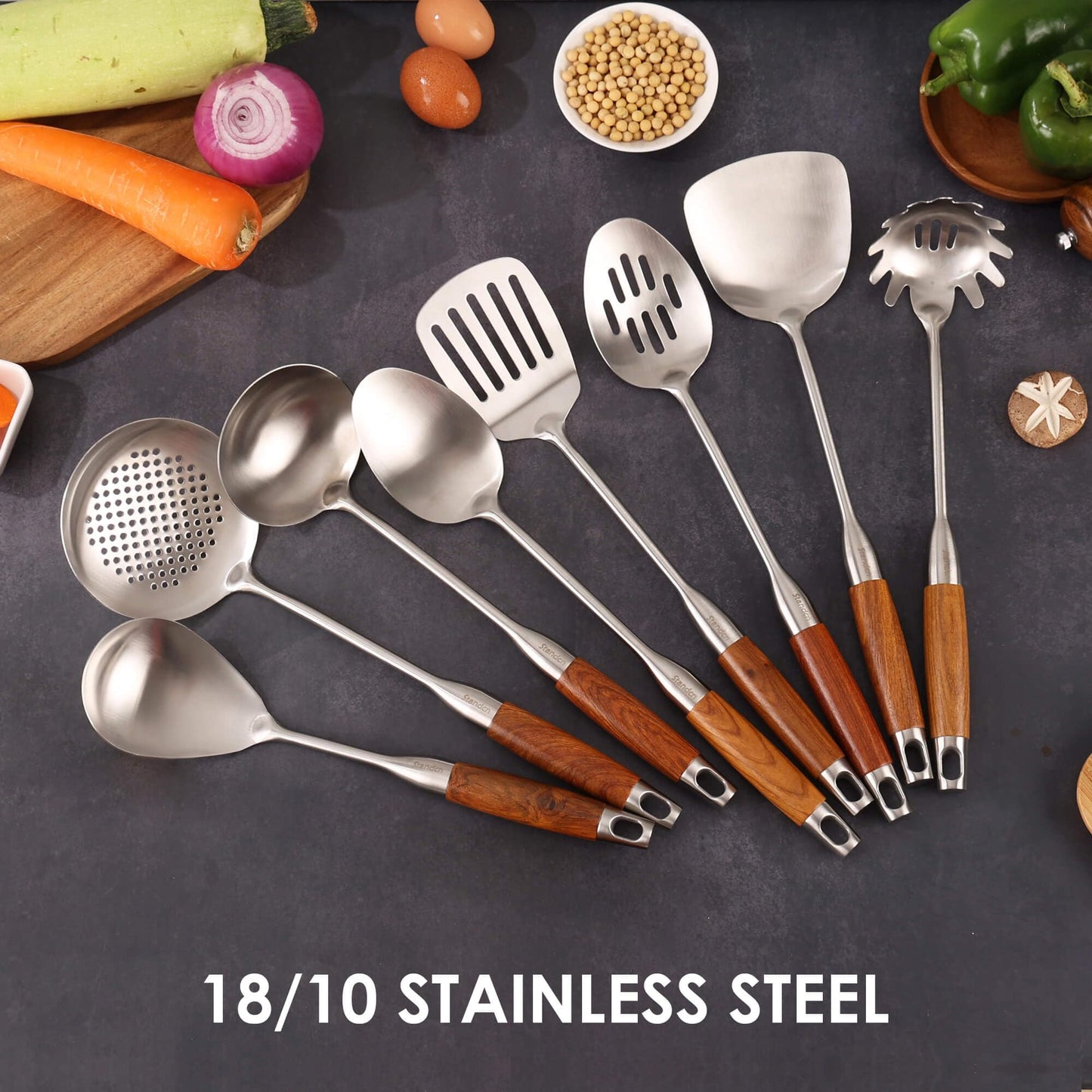 18/10 Stainless Steel Kitchen Utensils Set with Wood Handle - 15” Metal Cooking Tools and Serving Utensil, 8-Pieces Cooking Spoons Set - Spatula, Ladle, Skimmer, Turner, Pasta, Solid Spoon, Slotted Spoon