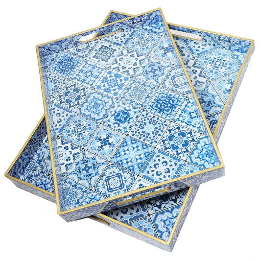 Spsyrine 2-Pack Decorative Plastic Serving Trays with Handles for Living Room, Coffee Table, Ottoman, Bathroom, Kitchen, Large 15.7”*11.8”*1.6", Small 13.7"*9.8", Boho Blue