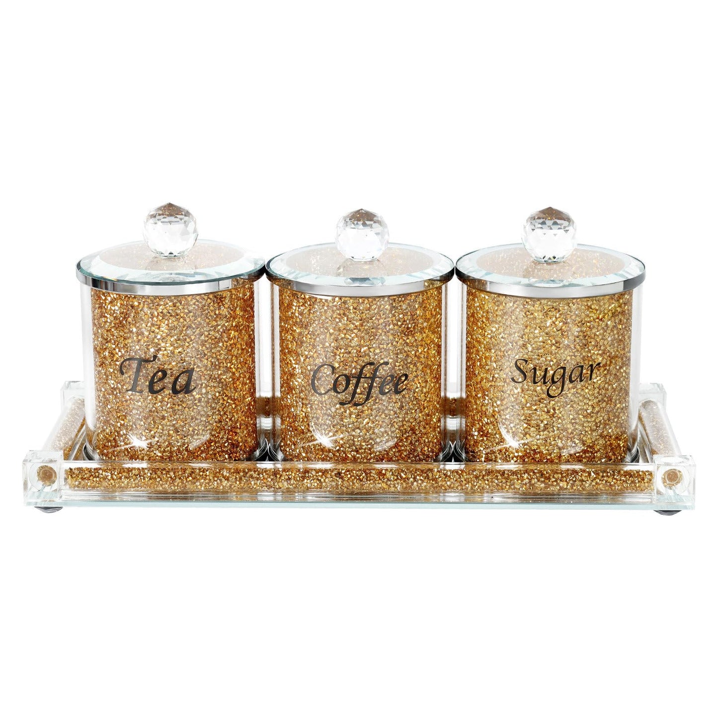 Topsky Coffee Sugar Tea Crystal Canister Set of 4,Sparkly Crystal Crushed Diamonds Home Decor,Silver Kitchen Coffee Jar Storage Set with Label & Lid,Storage Container Set for Countertop,Dining Room