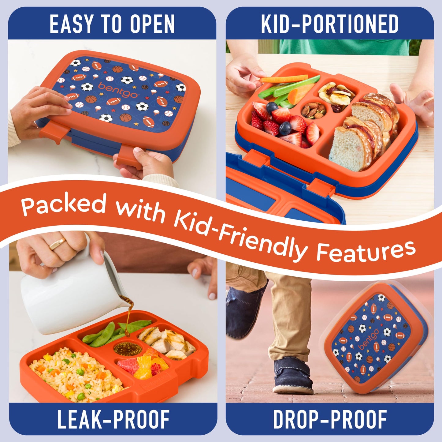 Sports Theme Kids Leak-Proof, 5-Compartment Bento-Style Kids Lunch Box - Ideal Portion Sizes for Ages 3-7, Durable, Drop-Proof, Dishwasher Safe, & Made with BPA-Free Materials (Sports)