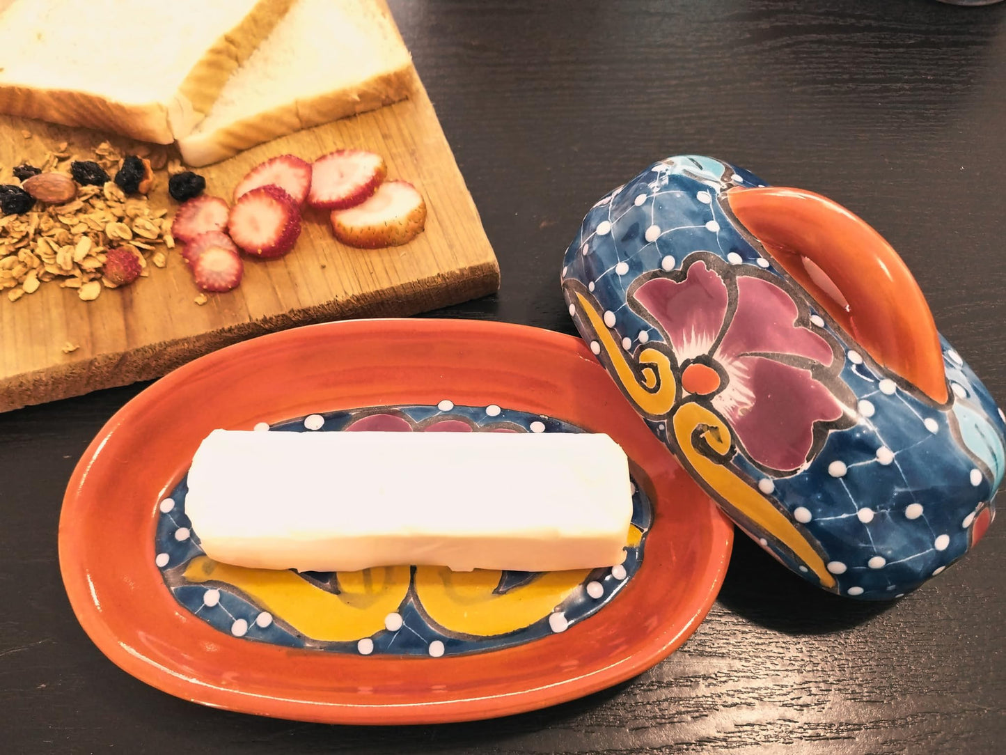 MEXTEQUIL - Butter Dish Ceramic Talavera with Lid Hand Painted Authentic Mexican Pottery Kitchen Floral Design (Orange)
