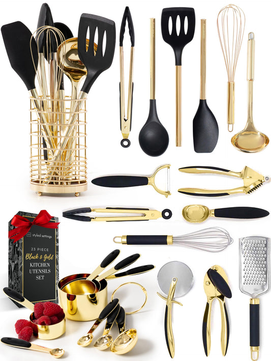 Black and Gold Kitchen Utensils Set - 23-Piece Luxury Kitchen Accessories Includes Gold Measuring Cups, Spoons, Silicone Cooking Utensils and Tools for Baking, Cooking, and Stylish Kitchen Decor