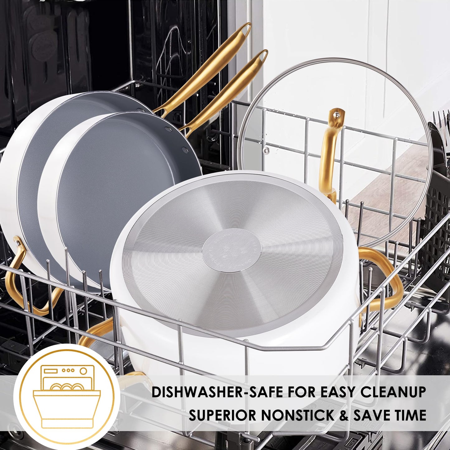 Pots and Pans Set Nonstick - Voniki Non Toxic Ceramic Cookware Set, Kitchen Cookware Sets with Cooking Utensils, Dutch Oven, Saucepan, Sauté Pan, Non Stick Frying Pans for Cooking Pot Set Gift White