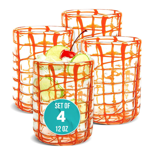 IMPULSE! Checkered Abstract Orange Drinking Glasses Set of 4 - Classic Old Fashioned, Negroni, Scotch, Mixed Cocktails - Versatile for Soft Drinks - Dishwasher Safe - Drinkware Glasses Set