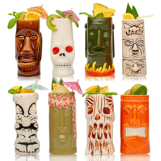 LEMONSODA Hard-Carved and Hand-Painted Tiki Mugs - Set of 8 - Ceramic Hawaiian Luau Party Mugs Drinkware, Cute Exotic Cocktail Glasses, Tiki Bar Hawaiian Party Barware - 18-23.5oz