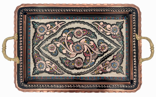 Turkish Coffee Serving Tray with Handles, Handmade Decorative Tray for Coffee Table, Kitchen Counter Decor Tray, Copper Tea Serving Tray with Floral Pattern, Beverage Service Tray (Rectangular)