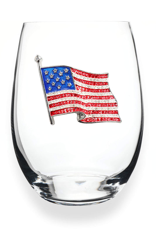 American Flag Jeweled Stemless Wine Glass, 21 oz. - Unique Gift for Women, Cute, Fun, Fourth of July, Not Painted, Decorated, Bling, Bedazzled, Rhinestone