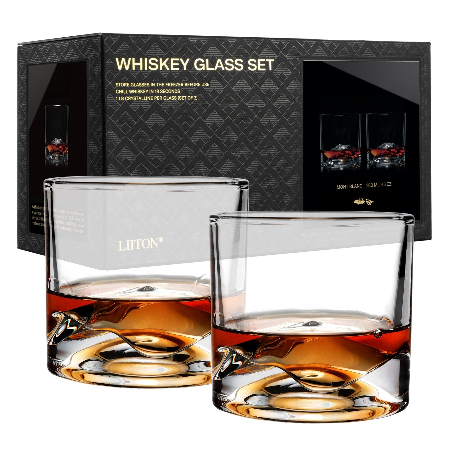 LIITON Mont Blanc Whiskey Glasses Set of 2, 1LB Thick Freezable Heavy Crystal, 10 Ounces