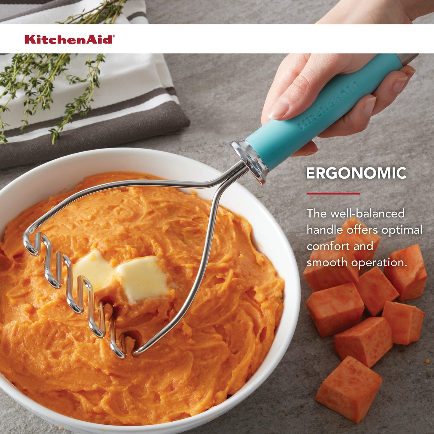 KitchenAid Gourmet Stainless Steel Wire Masher, 10.24-Inch, Aqua Sky
