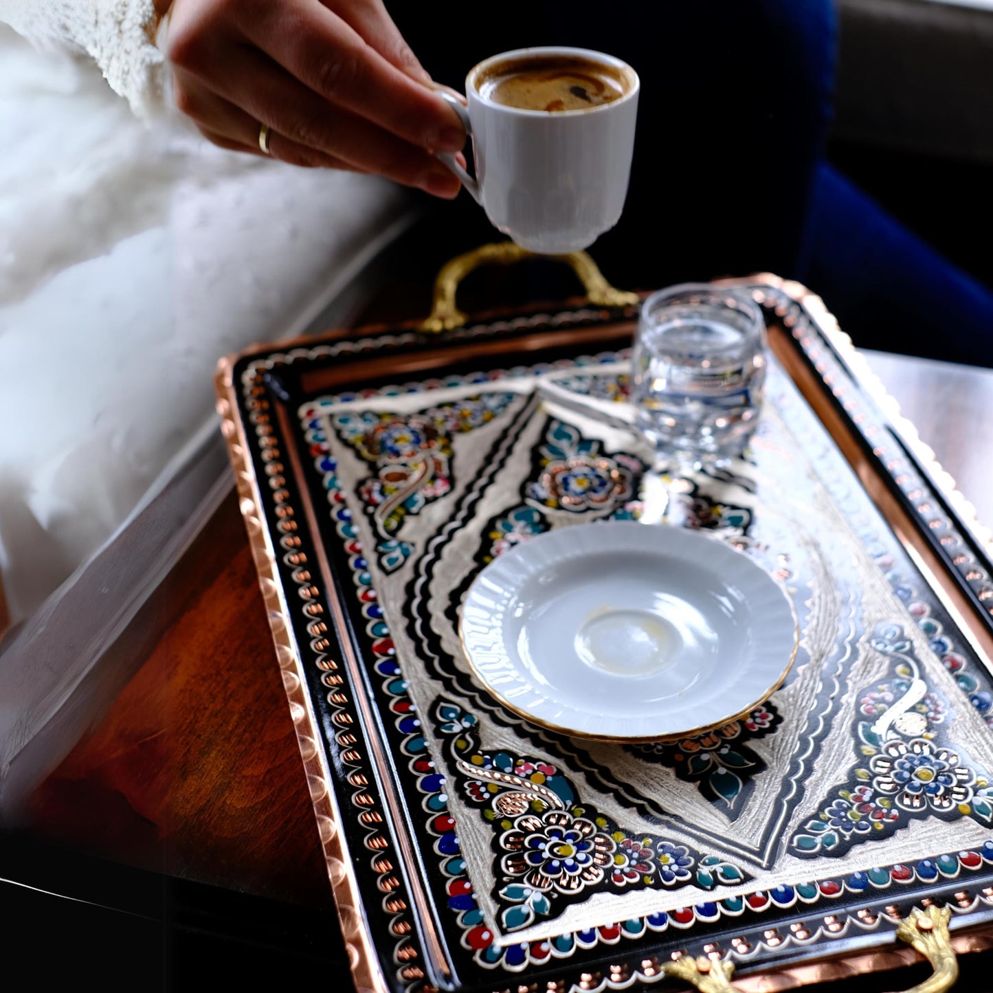 Turkish Coffee Serving Tray with Handles, Handmade Decorative Tray for Coffee Table, Kitchen Counter Decor Tray, Copper Tea Serving Tray with Floral Pattern, Beverage Service Tray (Rectangular)