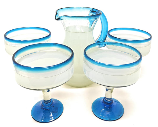Dos Sueños Mexican Hand Blown Glass Drinkware Set - Includes Pitcher (84oz) and 4 Margarita Glasses (16oz) – Aqua Rim
