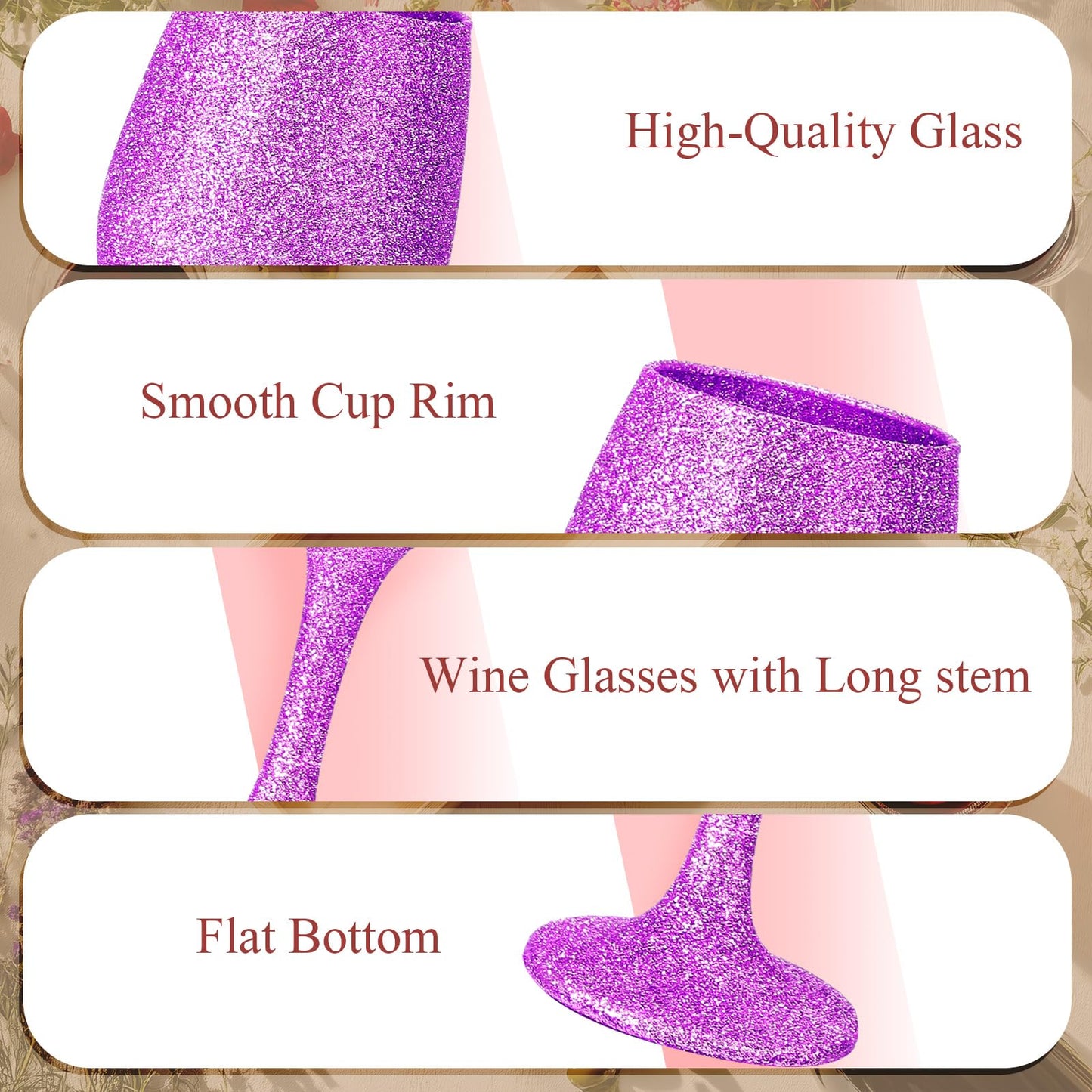 Singhoow Christmas Wine Glasses Set of 12, Glitter Long Stem Wine Glasses 13.5 oz Glitter Glass Wine Cups for Wedding, Anniversary and Home(Fuchsia)