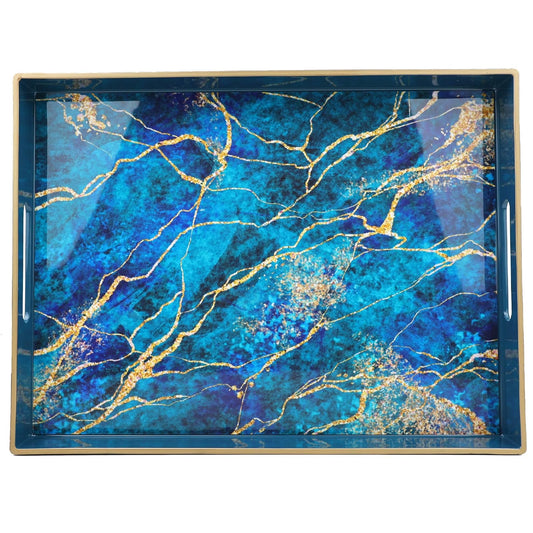 Vibrant Blue and Gold Marble Decorative Plastic Serving Trays with Handles for Living Room, Coffee Table, Ottoman, Bathroom, Kitchen, Large 15.7”*11.8”*1.6"