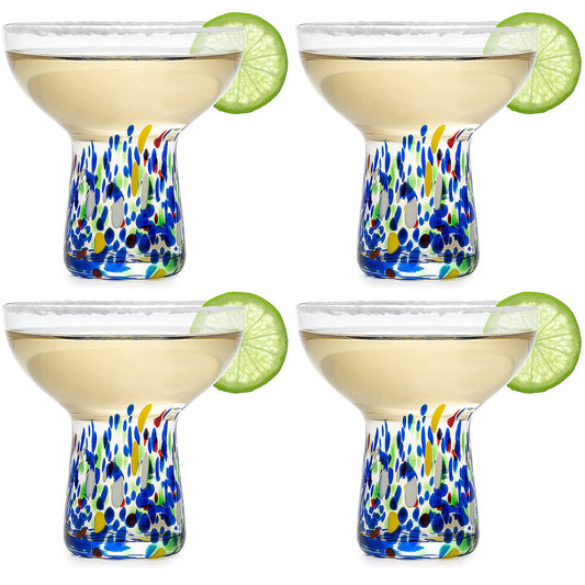 Margarita Glasses – Set of 4 - Luxury Hand Blown Confetti Margaritas, Cocktails, Water, Wine, Dessert, Martini & Champagne Cinco de Mayo, Hand Blown - Mexican Confetti Design Glass, Party, Home & Bar