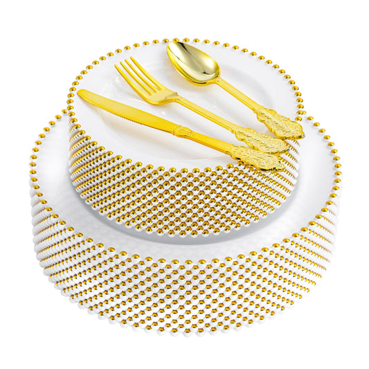 75-Piece Gold Bead-Rimmed Plastic Plate and Utensils Set, Heavy Duty Dinnerware Set Includes 15 Dinner Plates, 15 Dessert Plates, 15 Gold Plastic Forks, 15 Spoons, 15 Knives, Perfect for Parties and Weddings