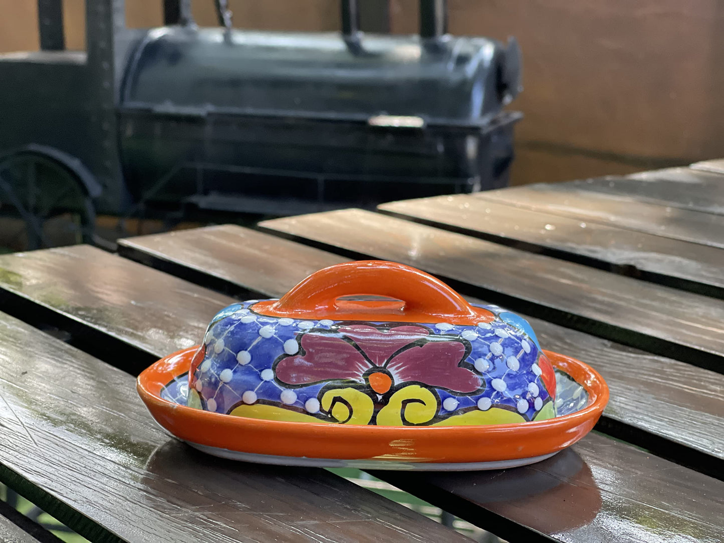 MEXTEQUIL - Butter Dish Ceramic Talavera with Lid Hand Painted Authentic Mexican Pottery Kitchen Floral Design (Orange)