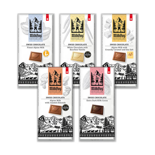 Milkboy Swiss Gourmet Milk Chocolate Bars - Dark Chocolates - White Chocolate Bar - Premium Handmade Chocolate Variety - Kosher - GMO Free - Chocolates Candy - (Pack of 5)
