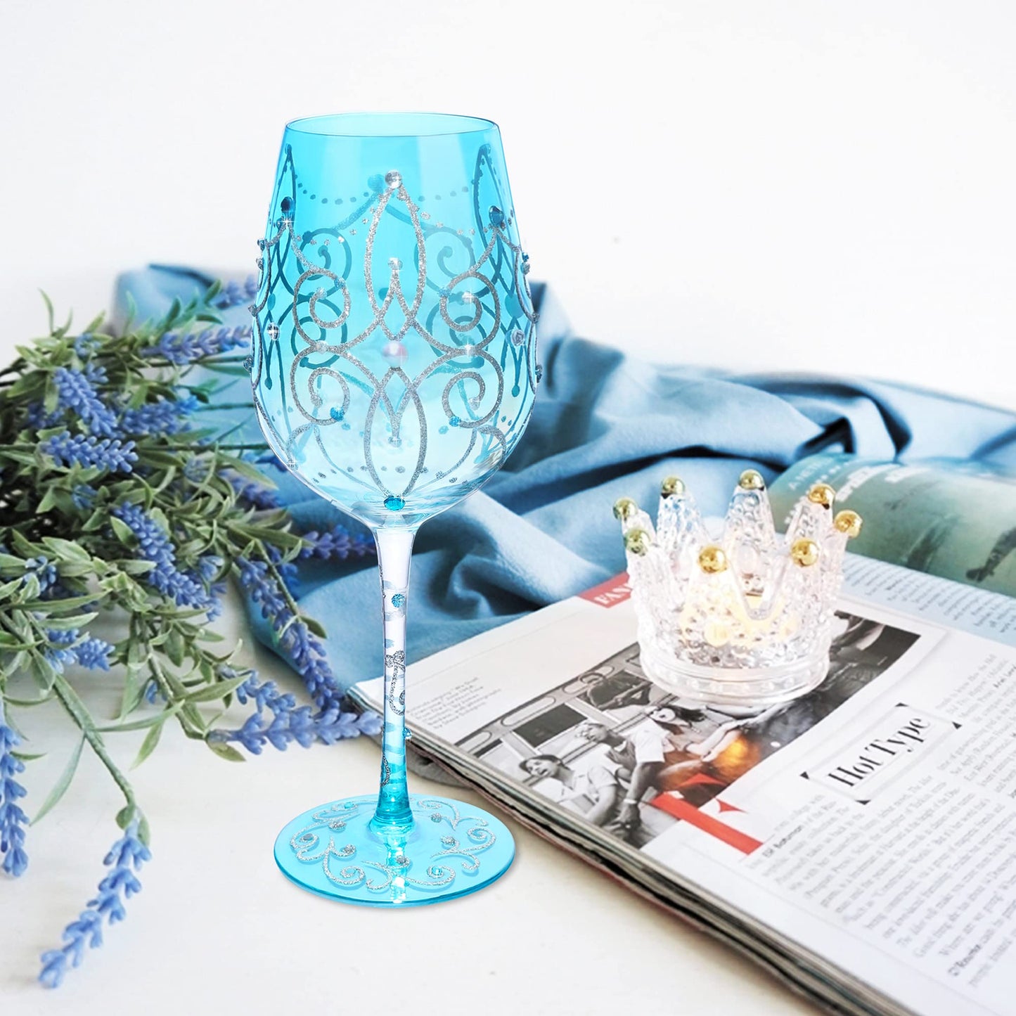 NymphFable Colorful Wine Glass Blue Princess Artisan Painted 15oz Personalised Gift for Birthdays Valentine's Day