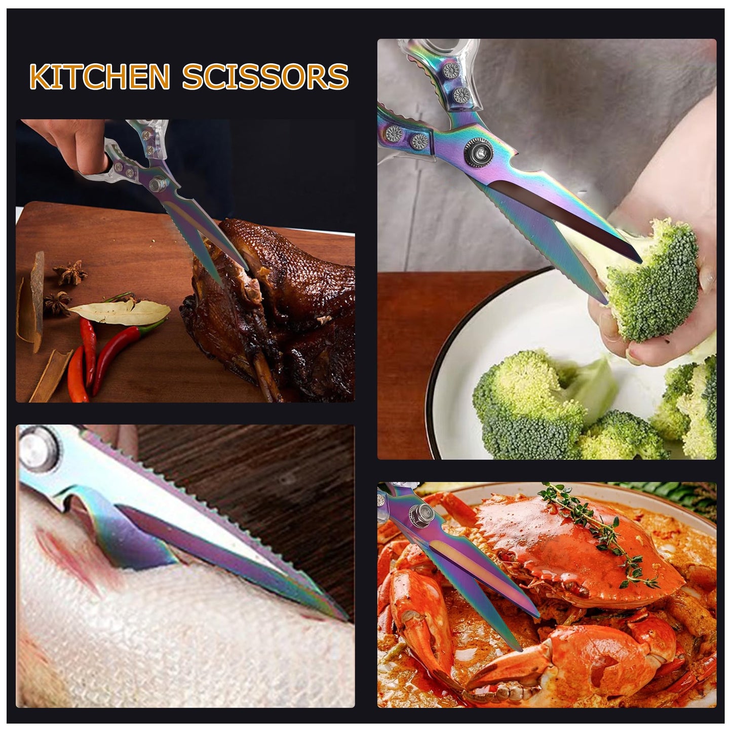 Sharp, Heavy Duty Kitchen Shears Dishwasher Safe, Kitchen Accessories Cooking Shears for Kitchen Meat Chicken Fish Poultry Herb Bread (Silver Handle, Iridescent Blade)