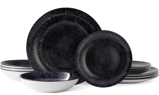 Bestone Plates and Bowls Sets,12 Pieces Round Porcelain Dinnerware Sets,Dishes, Plates, Dishware Sets,Chip Resistant Ceramic Dish Set Dining Dinner Ware Service for 4,Starry Sky Black