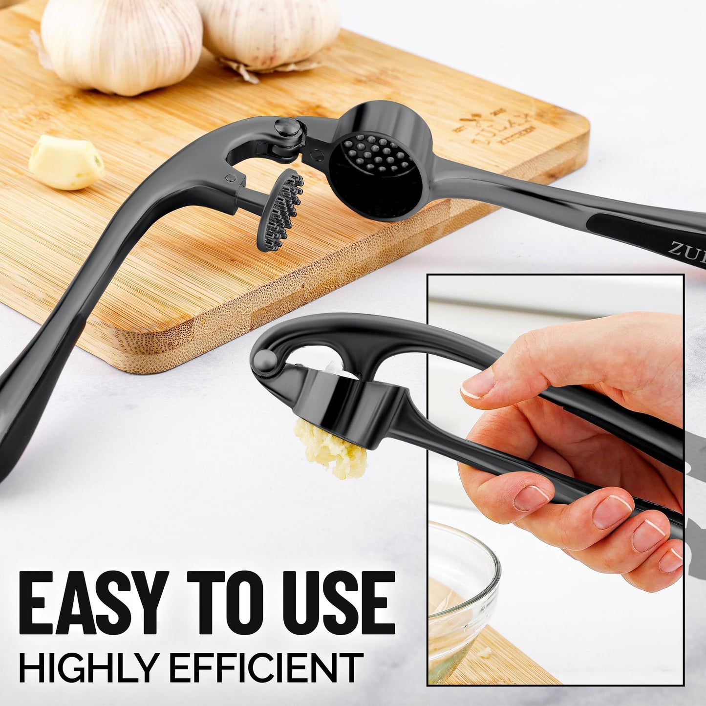 Zulay Kitchen Premium Garlic Press Set - Rust Proof and Dishwasher Safe Professional Garlic Mincer Tool - Easy-Squeeze, Easy-Clean with Soft, Ergonomic Handle - Silicone Garlic Peeler and  Brush-Dark Gray