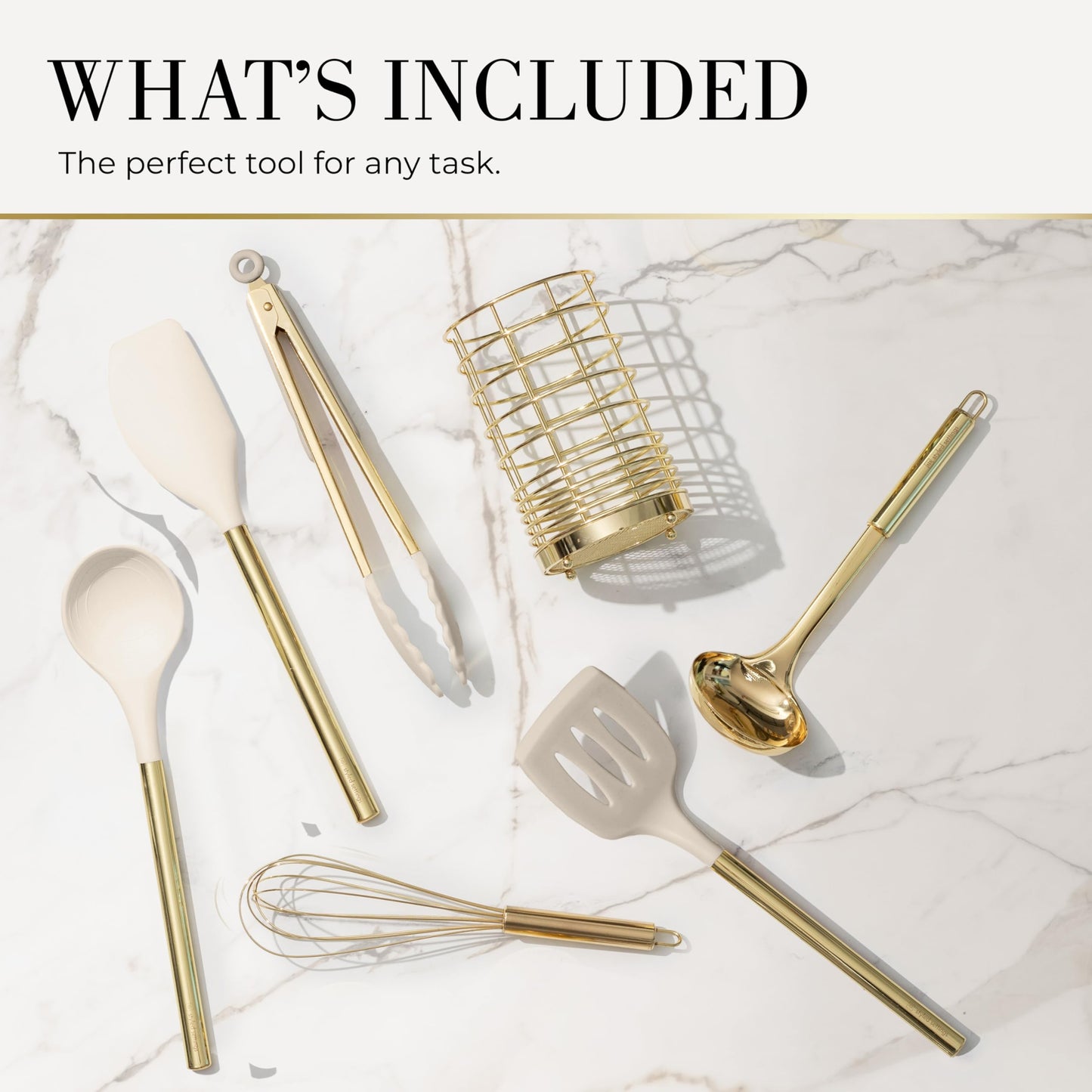 7-Piece Beige and Gold Kitchen Utensils Set – Non-Toxic Silicone and Stainless Steel Tools for Cooking, Serving, and Hosting – Ideal for Nonstick Cookware and Modern Kitchens, with Gold Utensil Holder