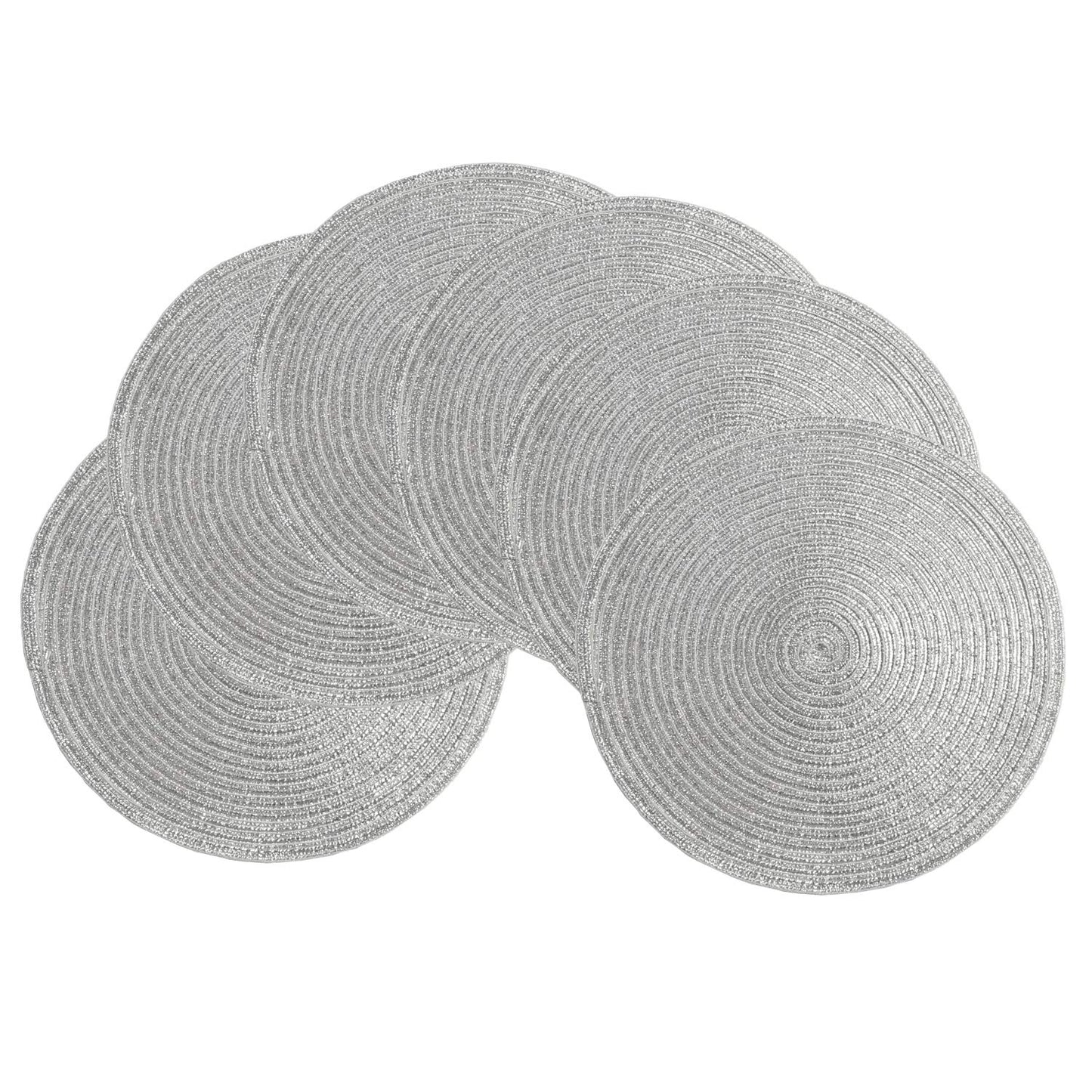 SHACOS Glitter Round Braided Placemats Set of 6 Sparkle Bling Placemats Glitz Table Mats for Home Holiday Party Wedding Festive Table Decoration (6, Silver)