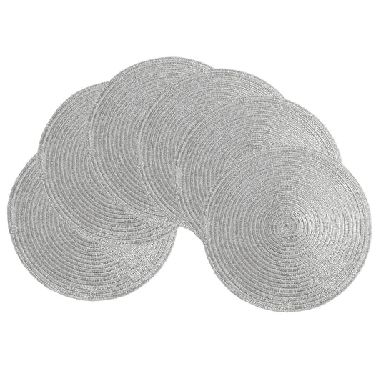 SHACOS Glitter Round Braided Placemats Set of 6 Sparkle Bling Placemats Glitz Table Mats for Home Holiday Party Wedding Festive Table Decoration (6, Silver)