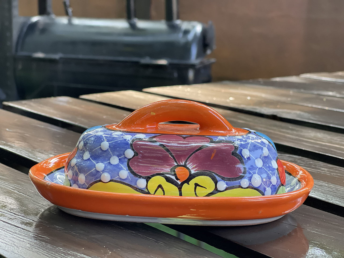 MEXTEQUIL - Butter Dish Ceramic Talavera with Lid Hand Painted Authentic Mexican Pottery Kitchen Floral Design (Orange)