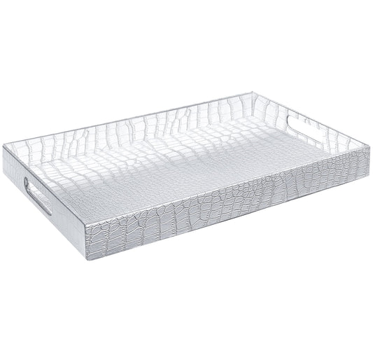 Home Redefined 18"x12" Silver Glossy Crocodile Faux Leather Serving Tray Beautiful Modern Elegant Decorative Tray with Handles Ottoman Coffee Table Tray for All Occasion's