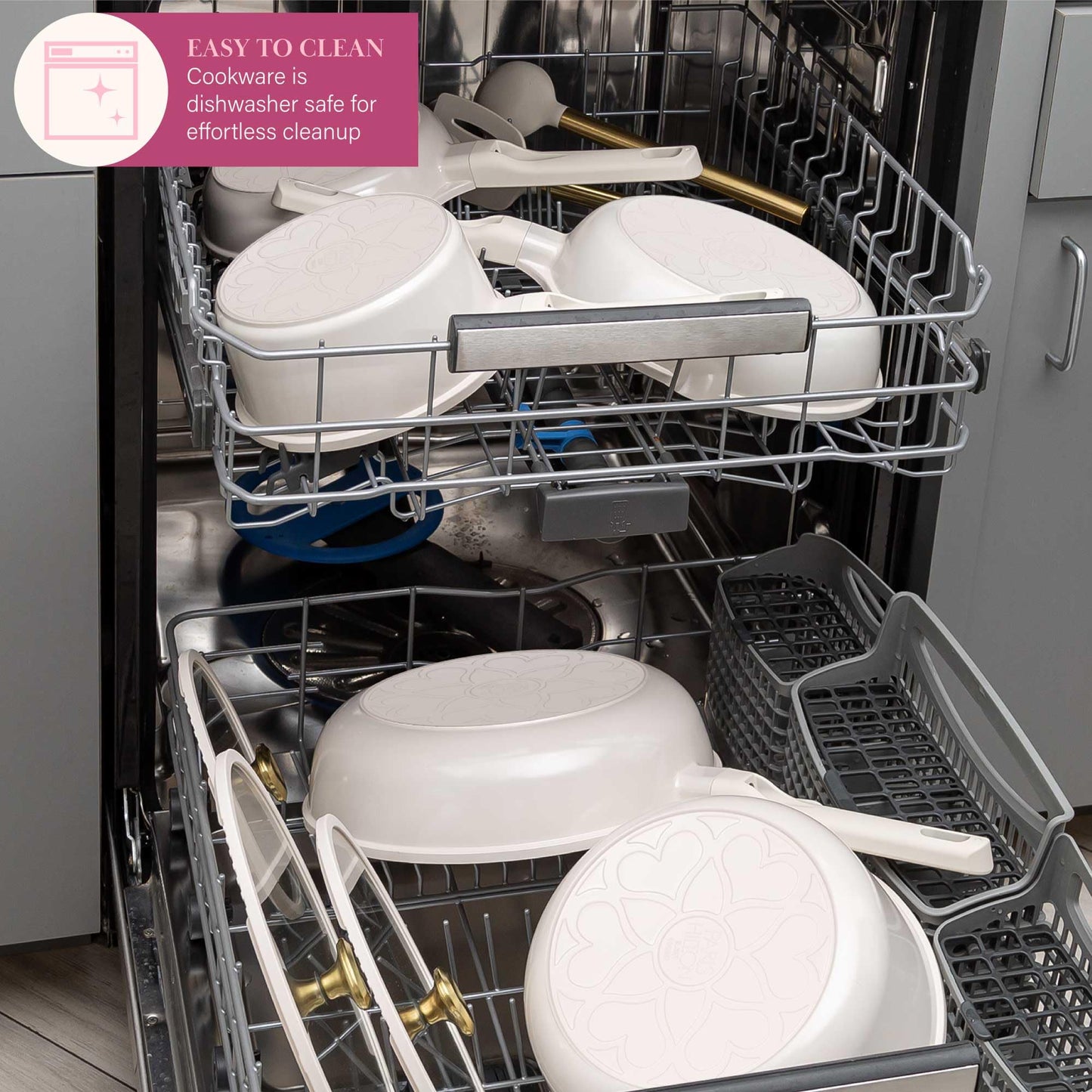 Paris Hilton Ceramic Nonstick Cookware Set, Cast Aluminum with Dual Layer Nonstick Coating, Gold Heart Knobs, Stay-Cool Handles, Made without PFAS, PFOA, PFOS & PTFE, Dishwasher Safe, 10-Piece, Cream