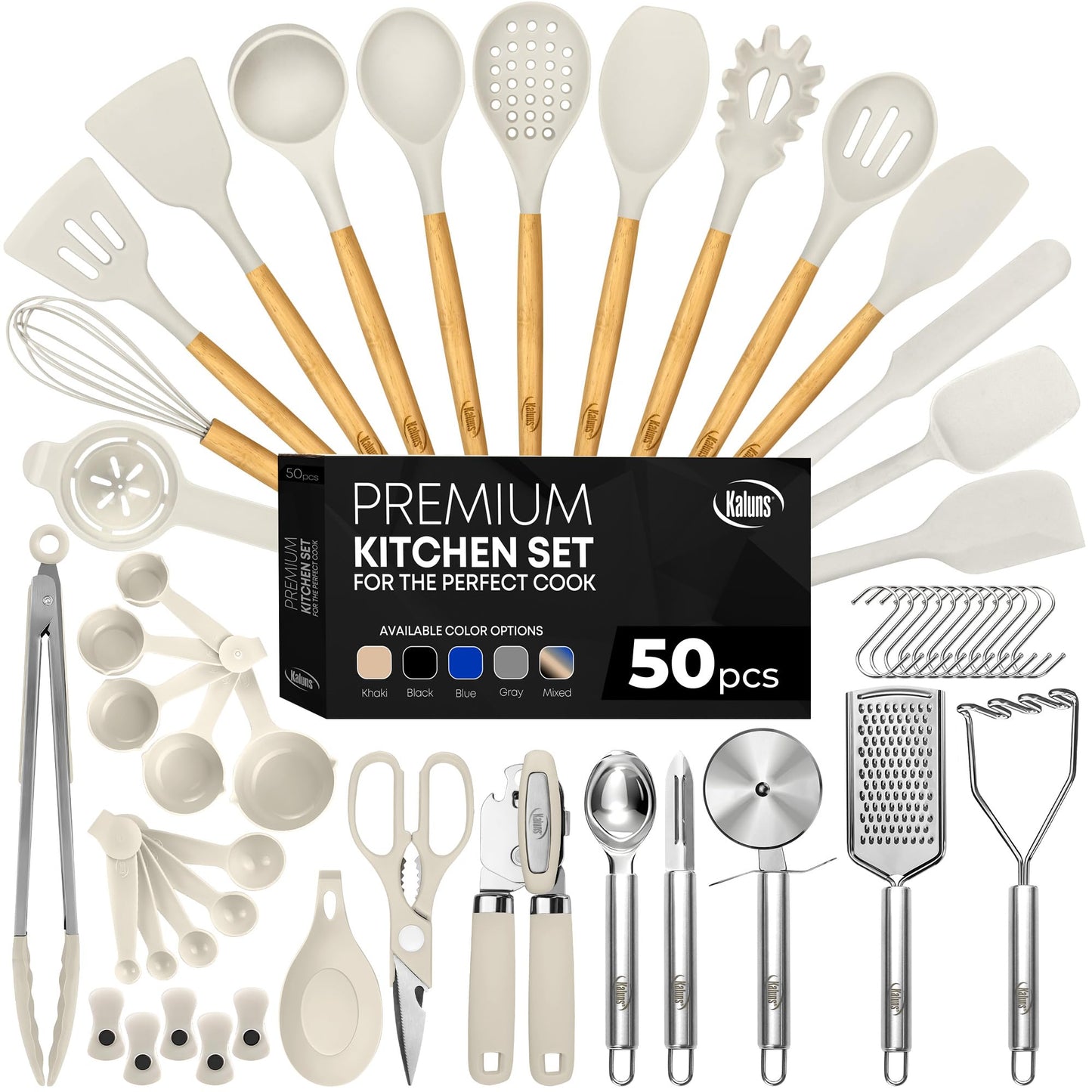 White 50-Piece Silicone Kitchen Utensils Set - Mothers's Day Gifts for Moms, Wives, Dads and Husbands - Complete Kitchen Set 800°F Heat-Resistant Non-Stick Premium Silicone Cooking Utensils with Wooden Handles
