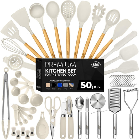 White 50-Piece Silicone Kitchen Utensils Set - Mothers's Day Gifts for Moms, Wives, Dads and Husbands - Complete Kitchen Set 800°F Heat-Resistant Non-Stick Premium Silicone Cooking Utensils with Wooden Handles