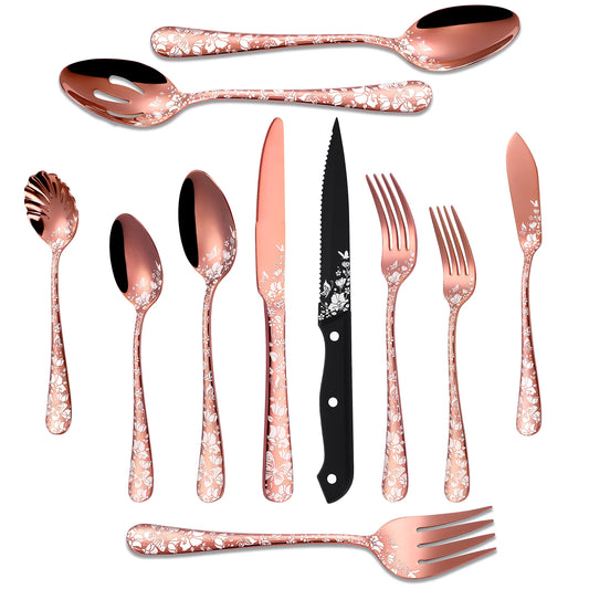 53-Piece Copper Silverware Set with Serving Utensils for 8, Stainless Steel Rose Gold Flatware Cutlery Set, Mirror Eating Utensils Tableware with Butterfly Flower Laser, Dishwasher Safe