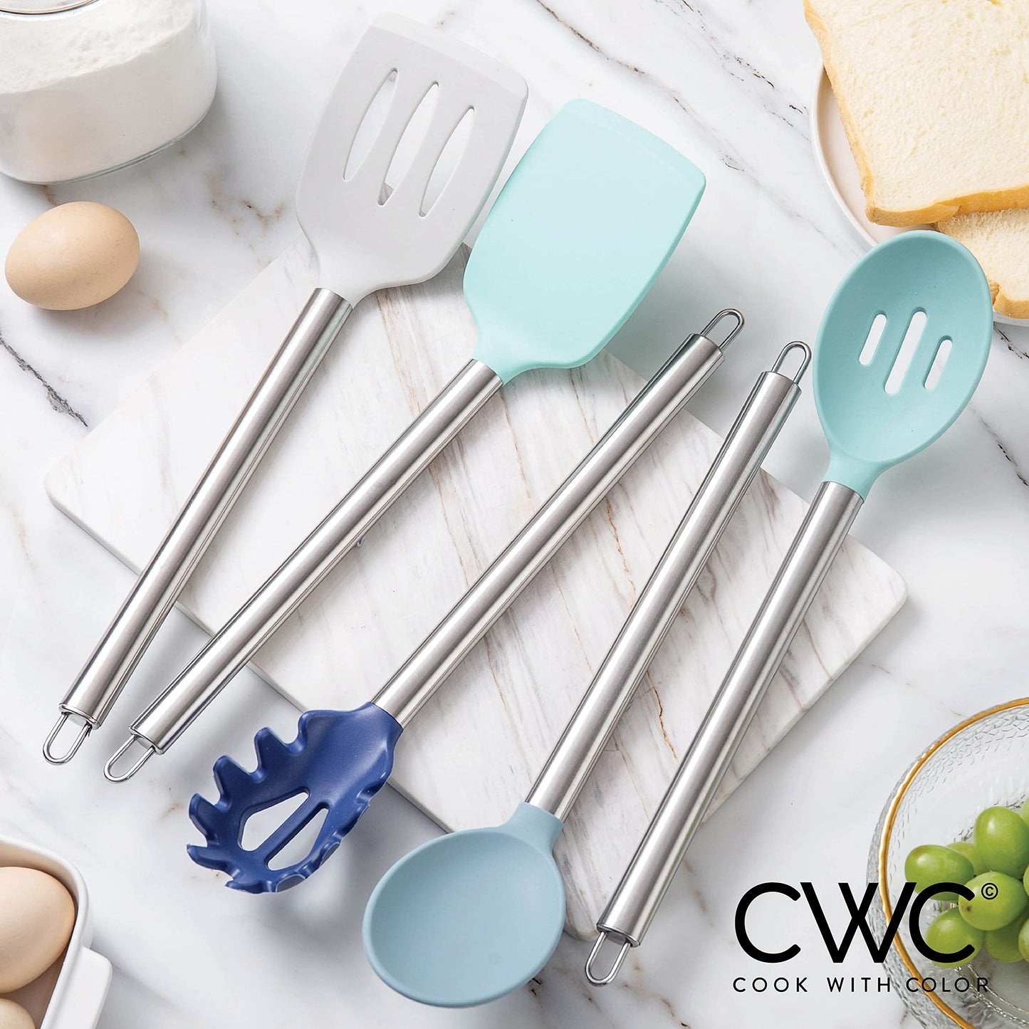 Blue Ombre COOK WITH COLOR Silicone Cooking Utensils, Kitchen Utensil Set, Easy to Clean Silicone Kitchen Utensils, Cooking Utensils for Nonstick Cookware, Kitchen Gadgets Set, 5 Pieces, Blue Ombre