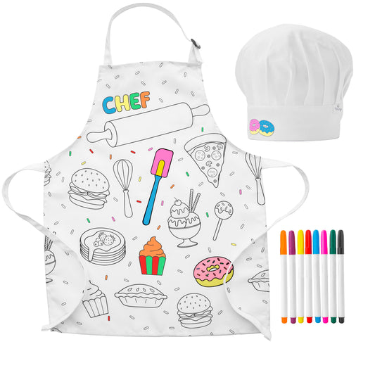 Kids Apron and Chef Hat Set – DIY Color-In Design with Markers, Personalized Art Activity for Toddlers and Junior Chefs Ages 4-10