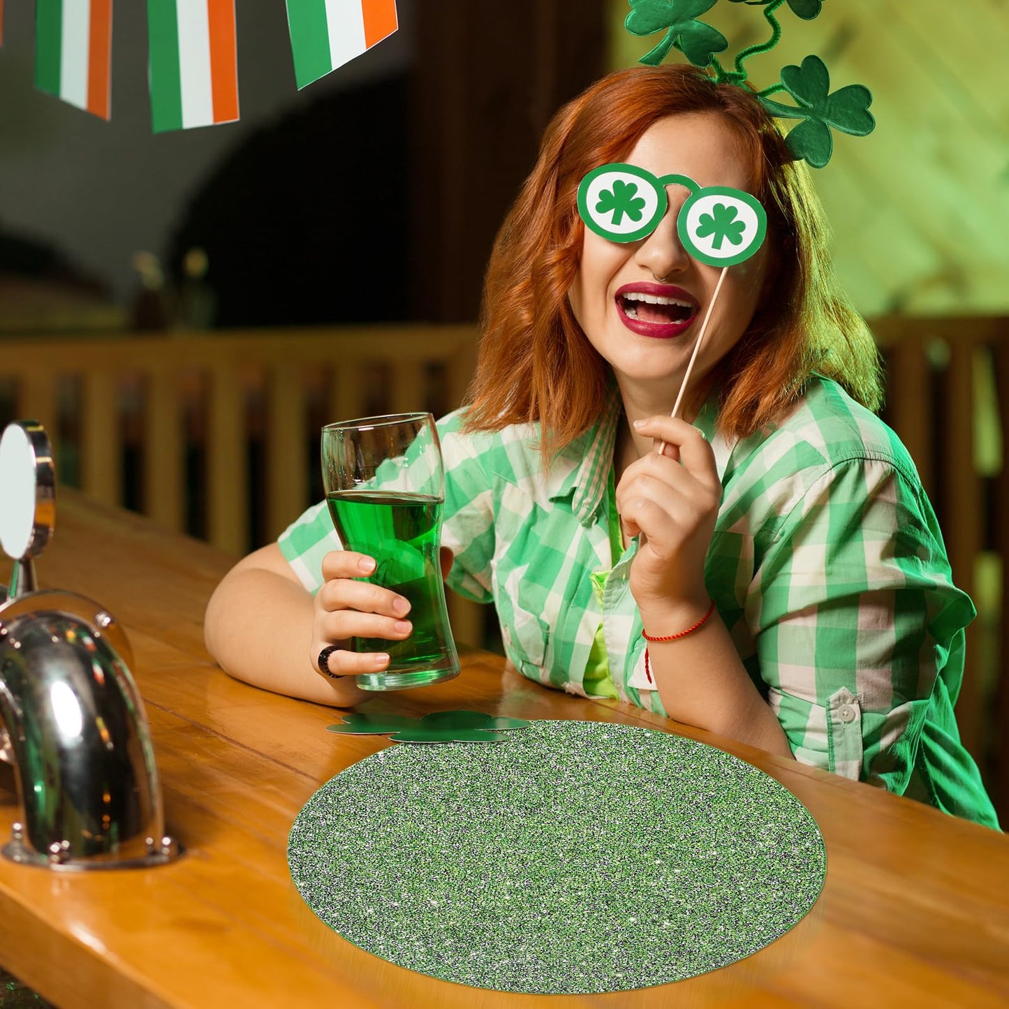 Cumouna Spring Green Placemat Sparkle Crushed Rhinestones Round Elegant Glitter Decoration Table Mat for Spring Centerpiece Kitchen Table Party Tableware Decor 15 Inches (1 pcs)