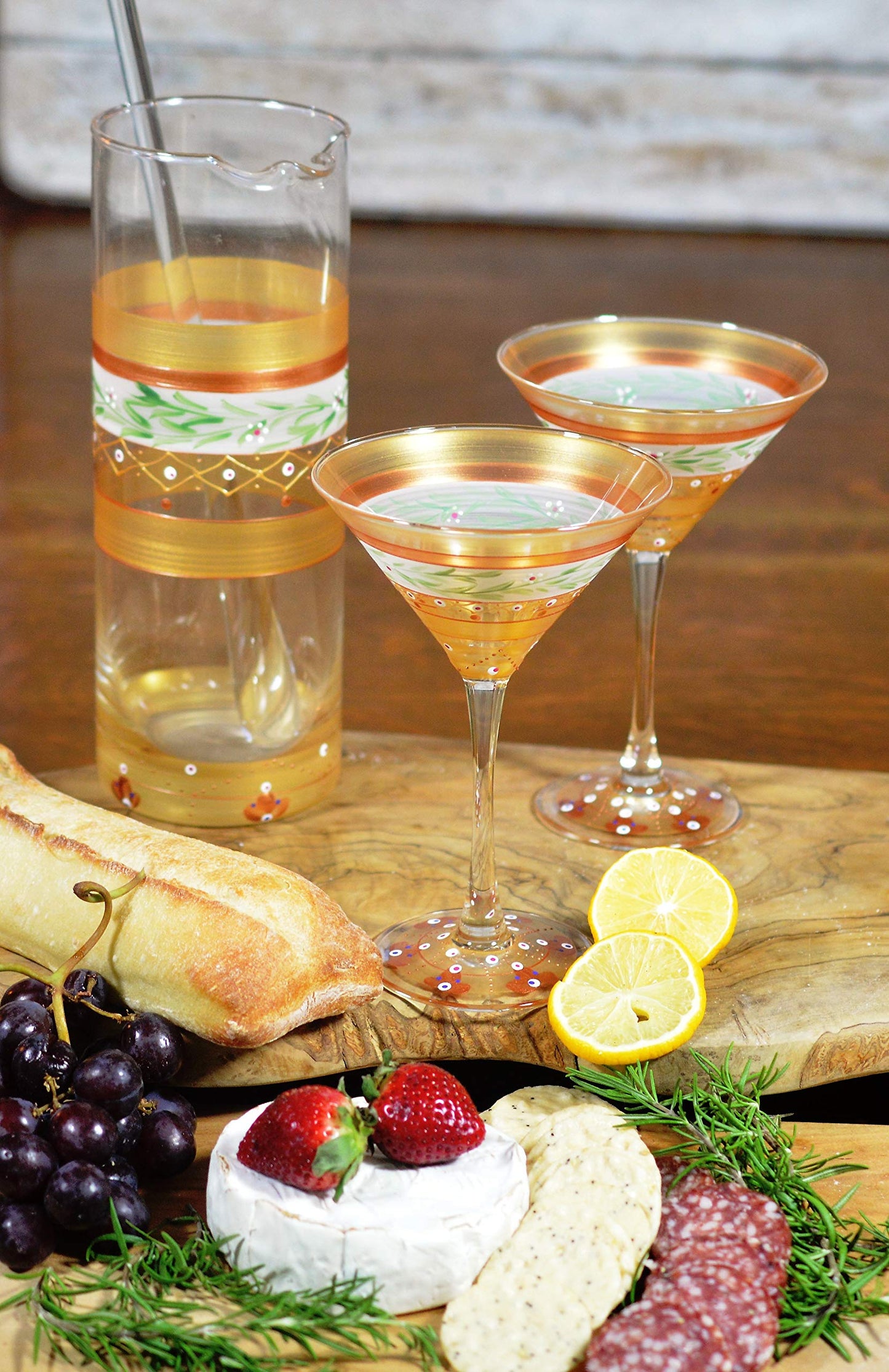Golden Hill Studio Hand Painted Martini Glasses Set of 2 - Moroccan Mosaic Gold Garland Collection - Hand Painted Glassware by USA Artists - Unique and Decorative Martini Glasses, Kitchen Table Déco