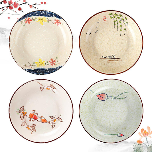 clothmile 7 Inch Japanese Retro Ceramic Dinner Plates Set of 4 Japanese Style Plates Asian Chinese Plates for Cereal, Soup, Dessert, Snack, Fruit, Salsa for Christmas Holiday Present