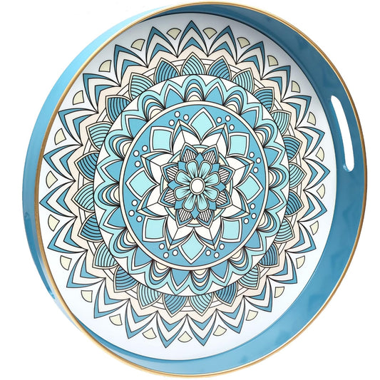 Round Cyan Decorative Tray for Coffee Table, Ottoman, 13” Plastic Serving Platter Tray with Handles for Entertaining, Living Room