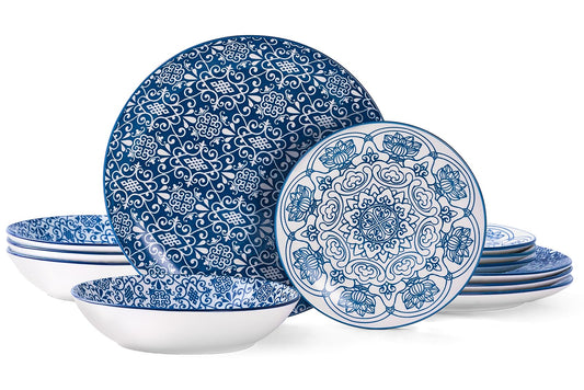 Bestone Ceramic 12-Pieces Dinnerware Sets, Ceramic Dish Plates and Bowls Sets, Dishes Set for 4, Dinner Salad Dessert Plates, and Cereal Bowls Set, Gift,Vintage Blue