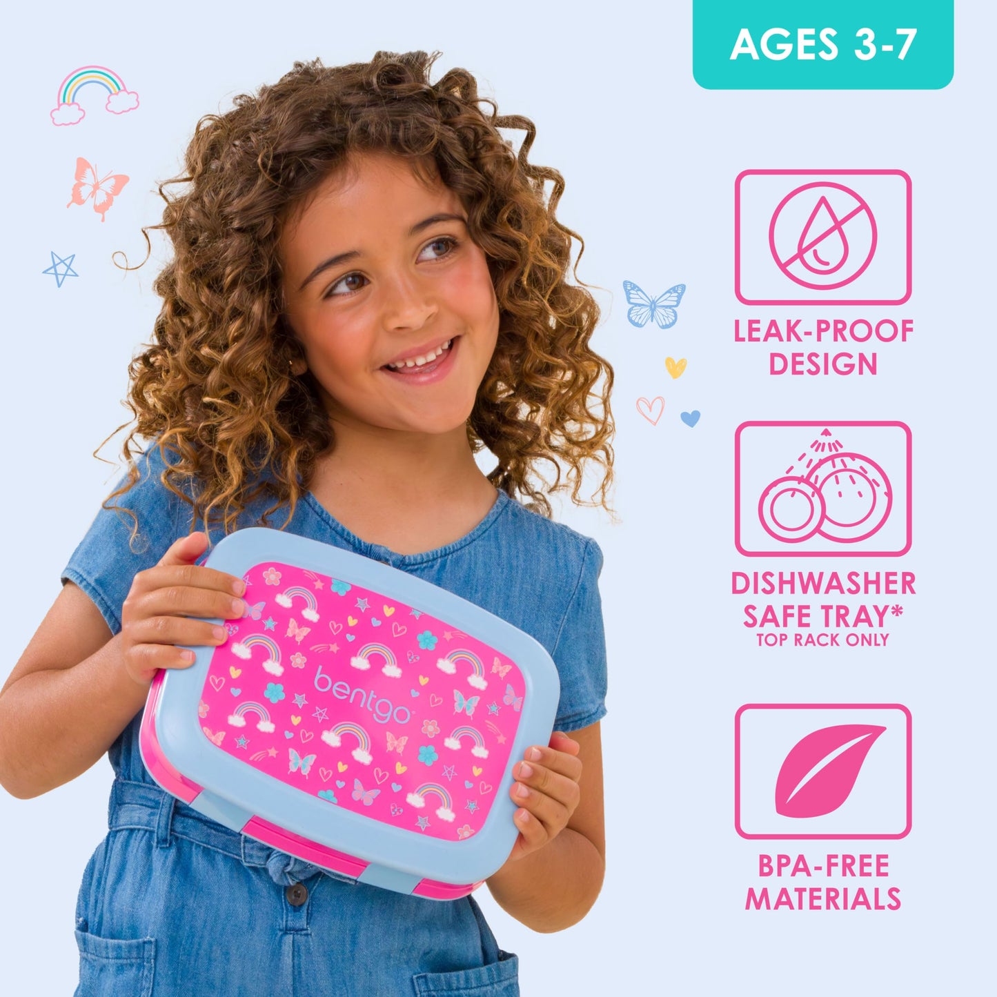 Rainbows and Butterflies Bentgo Kids Prints Leak-Proof, 5-Compartment Bento-Style Kids Lunch Box - Ideal Portion Sizes for Ages 3-7, Durable, Drop-Proof, Dishwasher Safe, & Made w/BPA-Free Materials (Rainbows & Butterflies)