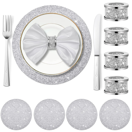 Suclain 4 Set Crushed Diamond Silver Napkin Rings Rhinestone Placemats Set Napkin Rings Holder Silver Crushed Rhinestone Placemats 13 x 13'' for Wedding Party Dinner Table Decoration