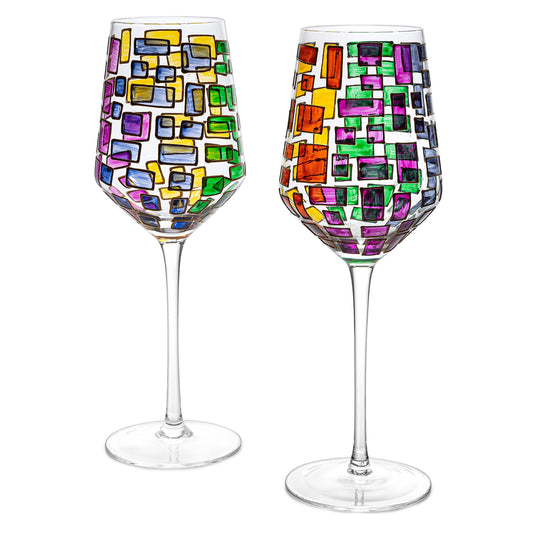 Artisanal Hand Painted Stemmed Wine Glasses - Gift for, Friends, Girlfriends, Sagrada Renaissance Stain-glassed Windows Wines Glass Set of 2 - Gift Idea for Birthday, Housewarming, Extra Large Goblets